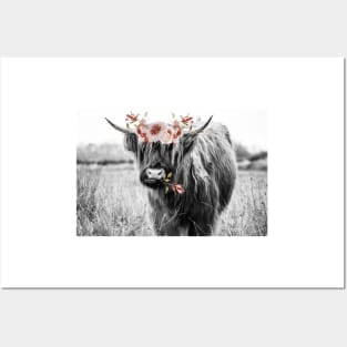 Highland Cow Landscape with Flowers Posters and Art